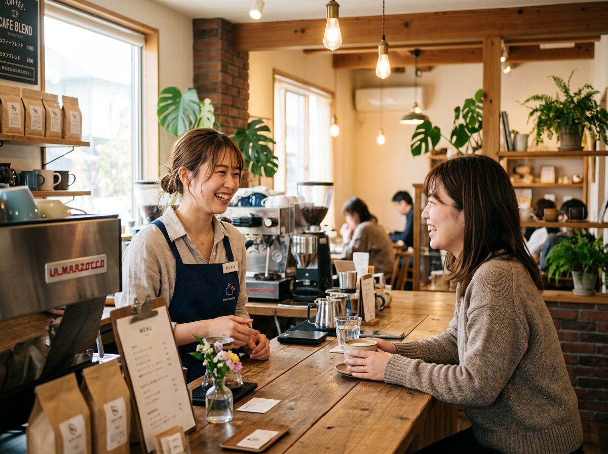 カフェ店内での女性バリスタとお客様