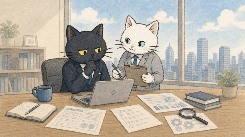 ホームページを検討する白猫と黒猫
