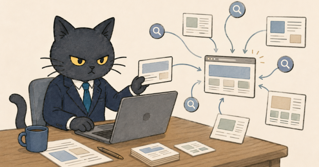 ホームページを更新し、検索からの集客導線を増やす黒猫のイラスト