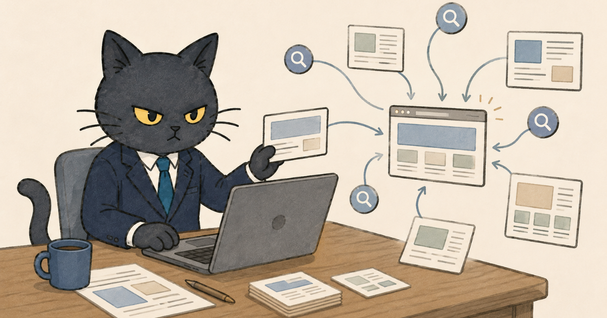 ホームページを更新し、検索からの集客導線を増やす黒猫のイラスト